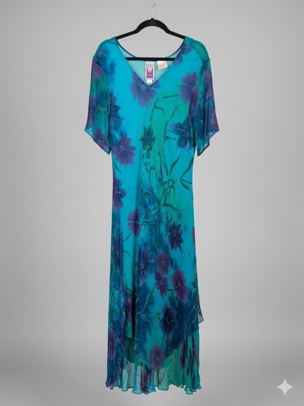 Original Anthony Turquoise & Purple Floral Maxi Dress — V-Neck Evening Gown
